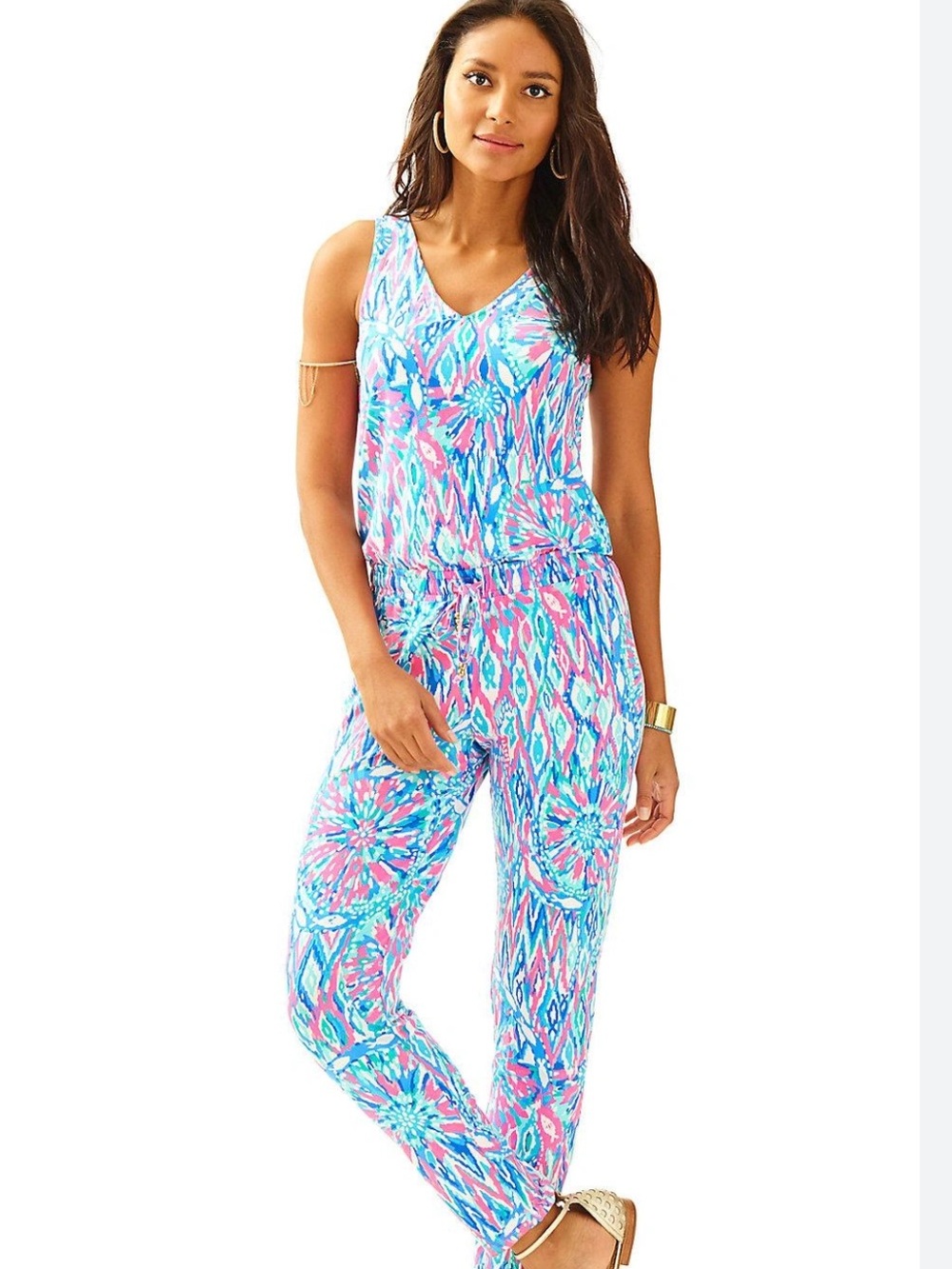 Lilly Pulitzer L Paulina Jumpsuit in Tiki Pink Shaw It Up motif like new